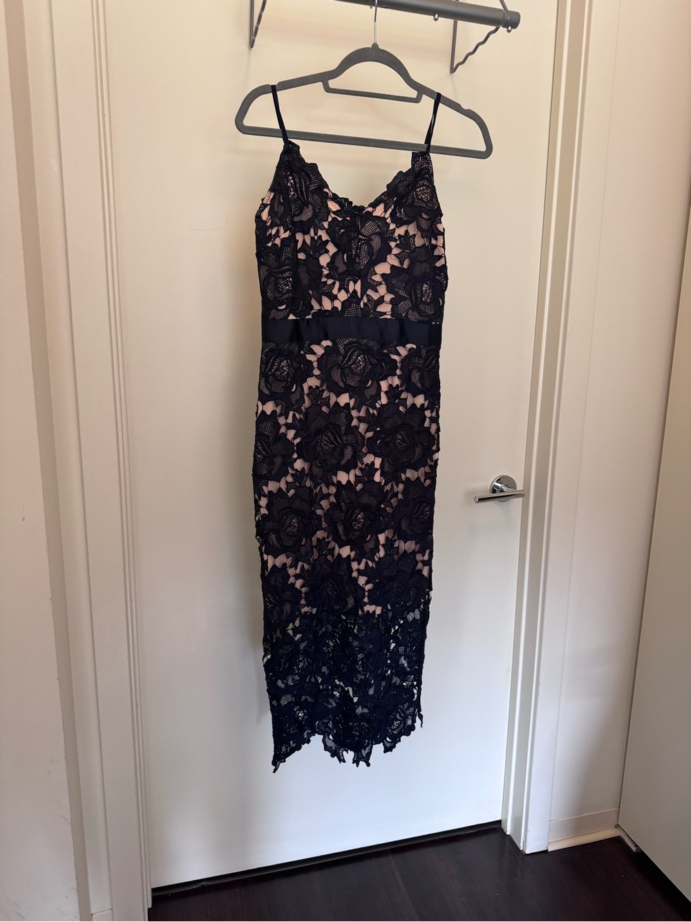 Just Me Black Lace Midi Dress with Blush Lining